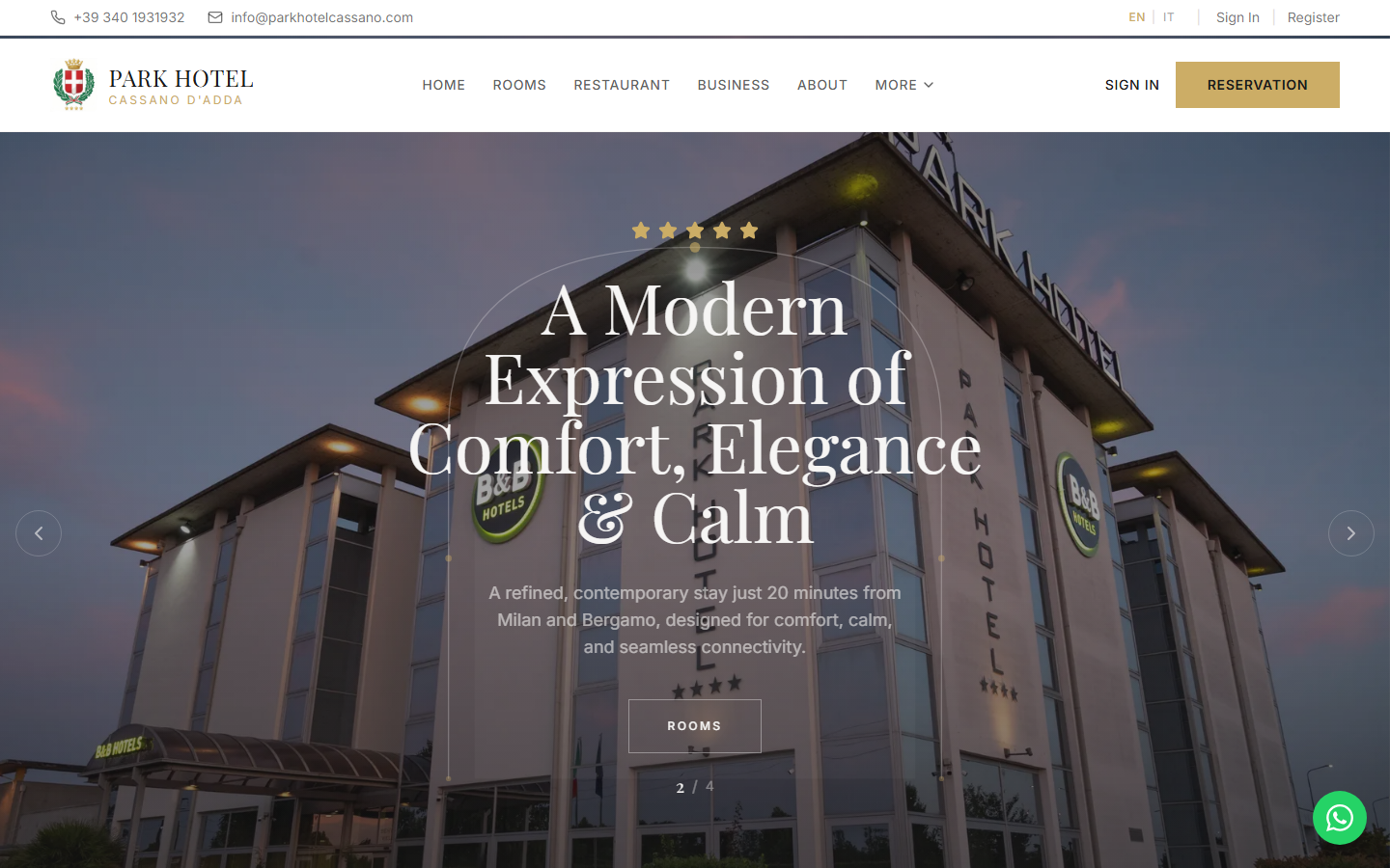 Park Hotel Milano public website homepage showing the hotel exterior and reservation navigation